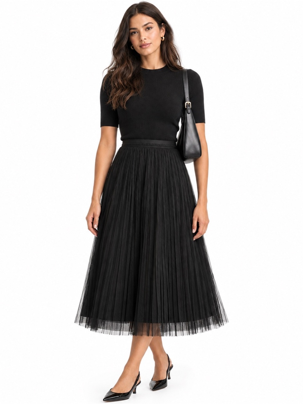 Banana Republic Black Pleated Tulle Midi Skirt